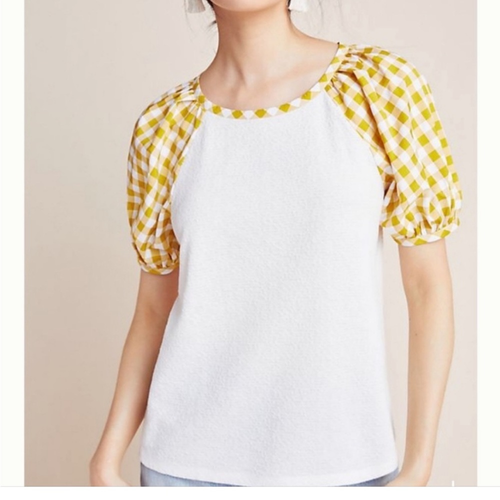 Anthropologie White Top with Yellow Gingham Puff Sleeves